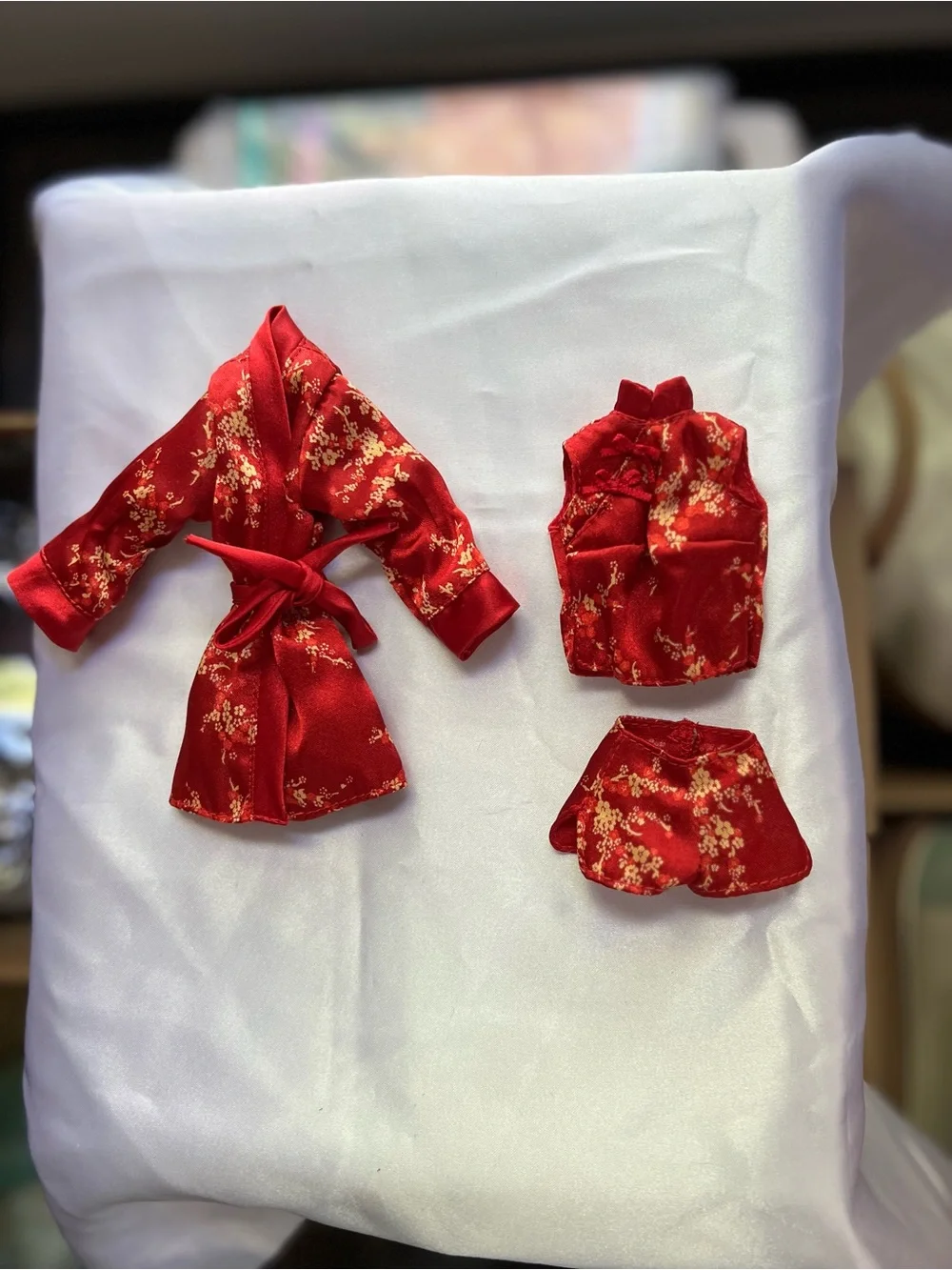 Barbie Red Floral Satin Robe Set w/Gold Blossoms Chinaiserie Red Moon Lingerie